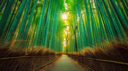Serene Bamboo Forest Pathway Surrounded by Lush Green Trees with Sunlight Filtering Through Foliage