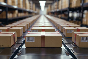 Cardboard boxes on conveyor belt in distribution warehouse. Generative AI image