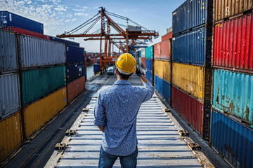 Engineer overseeing cargo containers at a busy port. Generative AI image
