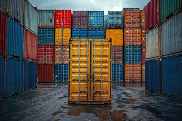 Stacked colorful shipping containers in industrial yard. Generative AI image