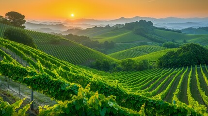 Scenic Sunrise over Lush Green Vineyard Hills Landscape with Misty Valleys and Vibrant Sky