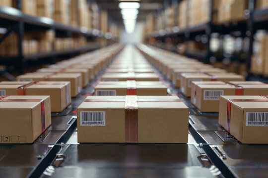Cardboard boxes on conveyor belt in distribution warehouse. Generative AI image