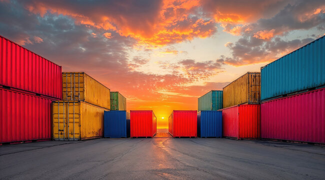 Colorful cargo containers at sunset. Generative AI image