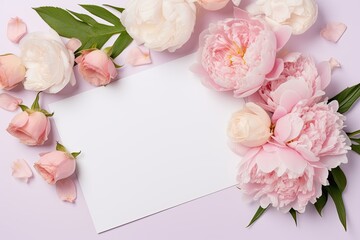 An arrangement of full peonies and roses in blush pink tones encircles a card, evoking romance