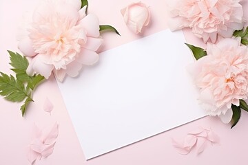 Soft pink peonies with lush leaves frame a blank white card on a pastel background, creating a gentle and romantic scene