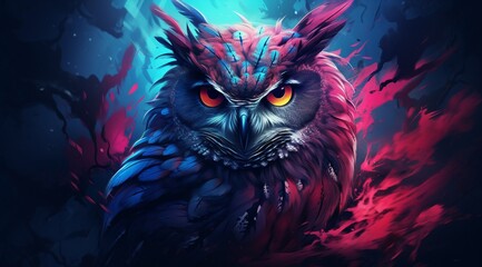 a colorful owl with yellow eyes