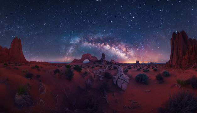Panoramic desert night sky with Milky Way. Generative AI image
