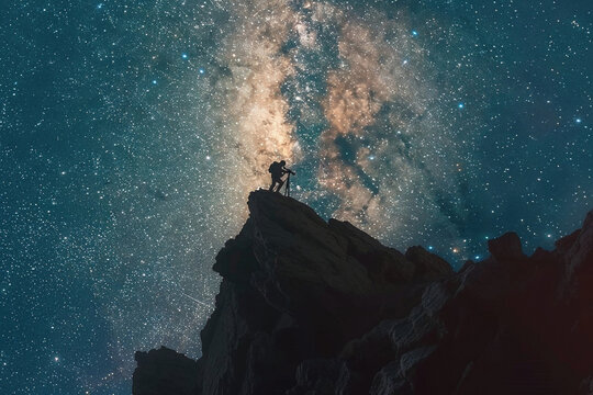 Photographer capturing the Milky Way from a mountain peak. Generative AI image