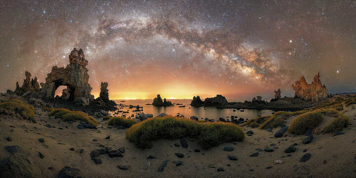 Starry night sky over rocky beach landscape. Generative AI image
