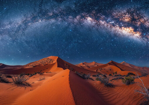 Majestic night sky over serene desert dunes. Generative AI image