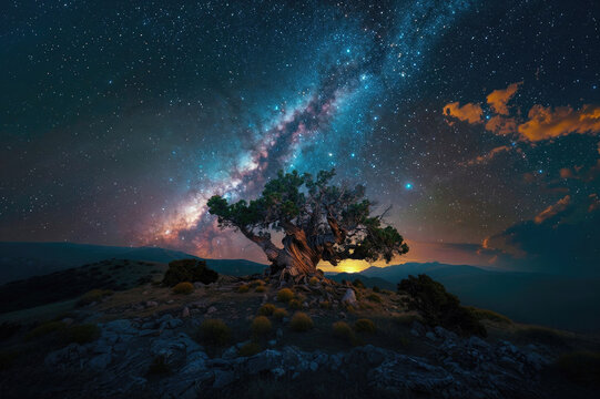 Ancient tree under a starry night sky. Generative AI image