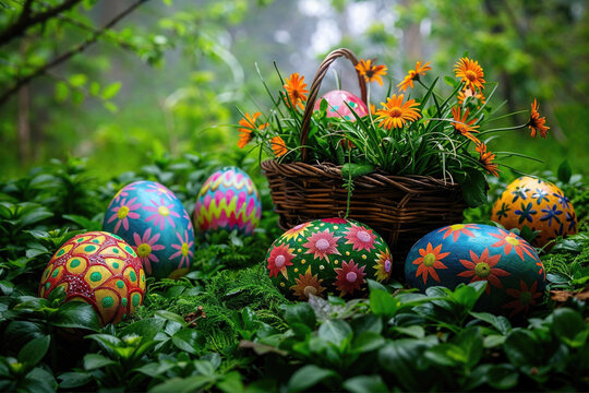 Vibrantly painted Easter eggs nestled among lush greenery in a mystical forest setting, evoking the magic of spring. Generative AI