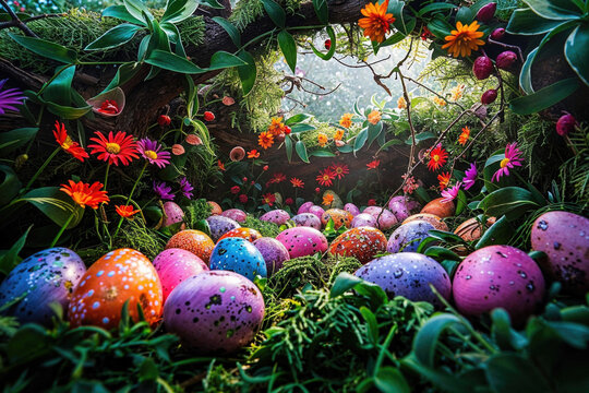 A magical generative AI depiction of a lush Easter egg hunt scene, nestled among vivid springtime flora. Generative AI