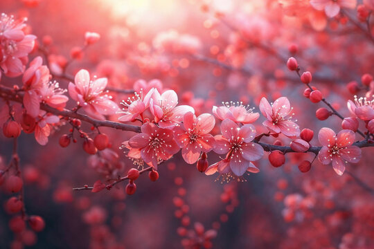 A captivating generative AI-generated image of cherry blossoms bathed in soft, warm light, invoking a dreamlike spring ambiance. Generative AI