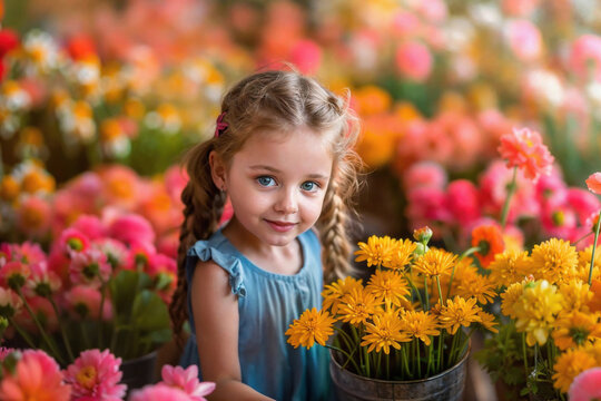 A generative AI-created image of a young girl among vibrant spring flowers, highlighting innocence and nature's beauty. Generative AI