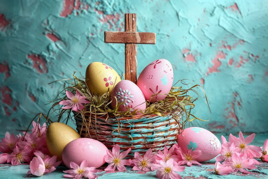 A symbolic generative AI image of painted Easter eggs in a nest with a wooden cross, surrounded by spring blossoms. Generative AI