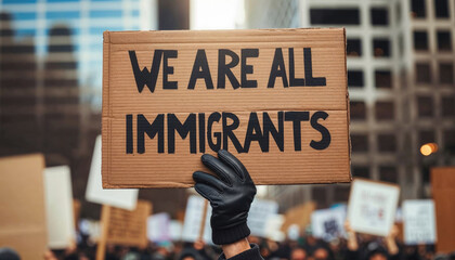 A bold message on a cardboard sign reads 'We Are All Immigrants' at a peaceful rally. Generative AI