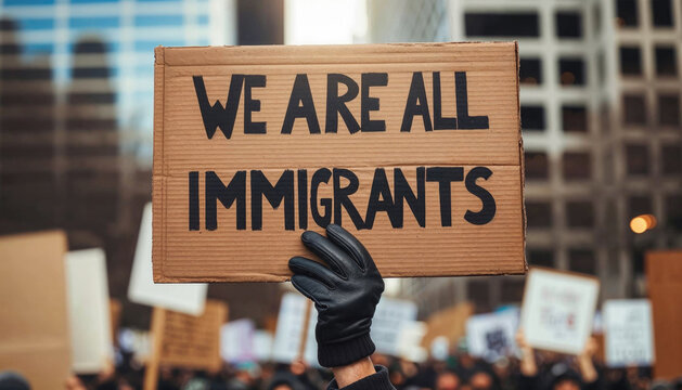 A bold message on a cardboard sign reads 'We Are All Immigrants' at a peaceful rally. Generative AI