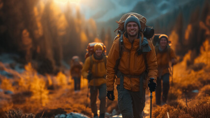 Group of happy hikers trekking in golden hour light. Generative AI image