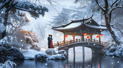 Asiatic relationships at winter - obrazy, fototapety, plakaty