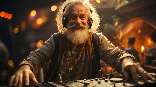 A senior man with a warm smile, DJing at a party, his white beard and hippie attire adding to the vintage charm of the scene. Generative AI