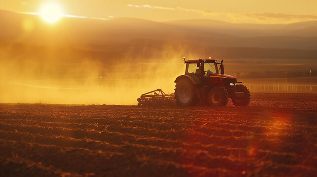 Tractor plowing field at golden hour. Generative AI image