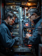 Two men are working on a large electrical panel