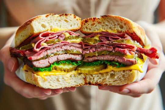 Hearty Deli Sandwich in Hands - Close-up View. Generative AI image