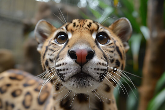 Close-up of a curious ocelot in a natural environment. Generative AI image