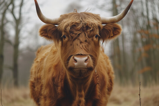 Highland cow gazing forward on a foggy day. Generative AI image