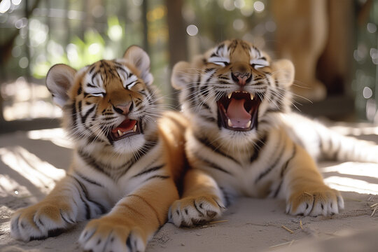 Playful tiger cubs yawning in a sunlit habitat. Generative AI image
