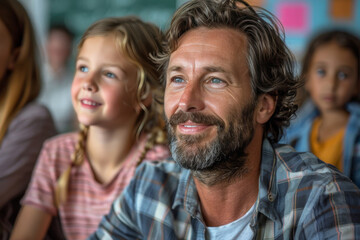 Fototapeta premium A man and a little girl are sitting in a classroom