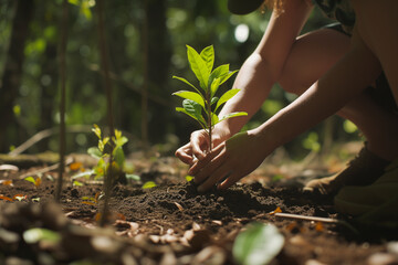 traveler of Asia Pacific ethnicity, planting a tree in a forest 