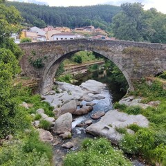 Roman stone bridge over a river with stones, plants and trees in a town with a forest