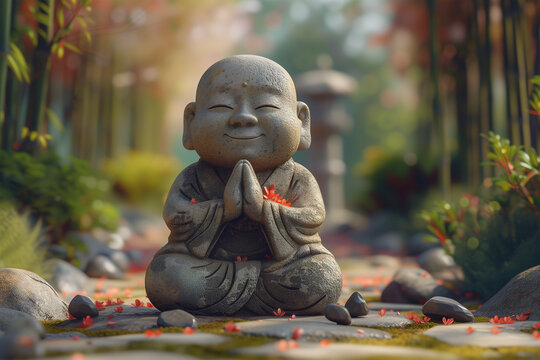 Peaceful garden statue meditating among nature. Generative AI image