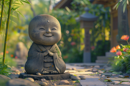 Serene Jizo statue in a tranquil Japanese garden. Generative AI image