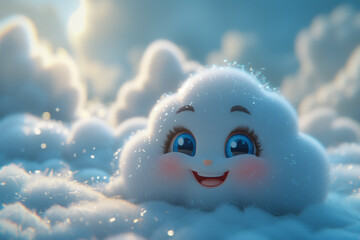 Cheerful animated cloud character nestled among fluffy clouds. Generative AI image