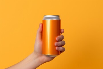 a hand holding an orange can - obrazy, fototapety, plakaty
