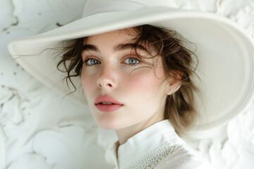 Elegant woman in white hat with a contemplative look. Generative AI image