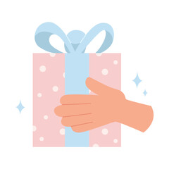 Presenting a Gift. Hand Holding Gift Box with Ribbon and Bow. Surprise Holiday Present. Flat Vector Illustration.