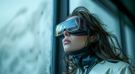 A futuristic portrait of a woman in VR gear amidst in a room with large windows, symbolizing high-tech immersion. Generative AI