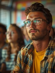 Obraz premium A man with glasses is sitting in a classroom