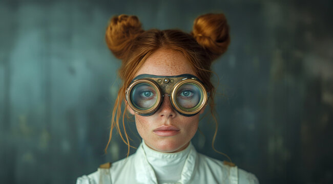 A portrait of a red-haired woman with steampunk goggles, embodying a whimsical inventor vibe. Generative AI