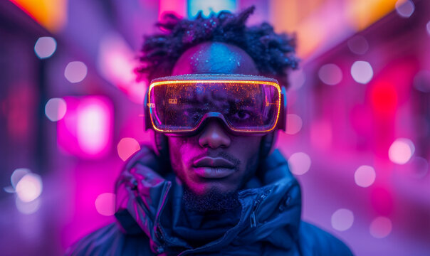 An evocative portrait of a black woman engaged with virtual reality, featuring glowing neon aesthetics. Generative AI