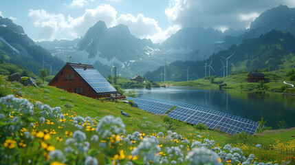 A village in a mountainous area with a solar farm and wind generators. Alternative and renewable energy concept. - obrazy, fototapety, plakaty