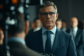 Fototapeta premium A man in a suit and tie is standing in front of a camera