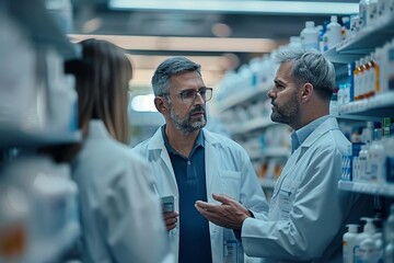 Obraz premium Three men in white lab coats are standing in a pharmacy, discussing a product
