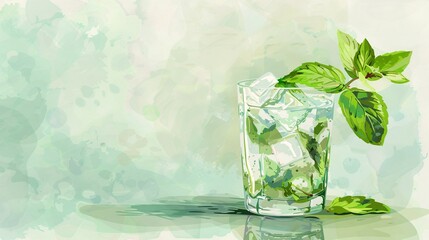 mojito cocktail, illustrator, 2d vector, mint leaves garnish, ice cube in glass, light green background