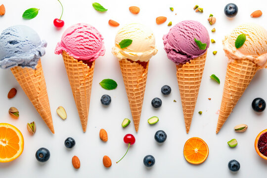 Assorted Ice Cream Cones With Fresh Accents. Generative AI image