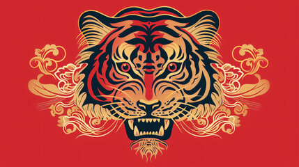 Chinese Tiger Face on Red Background. Symbol 